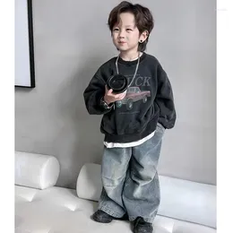 Clothing Sets Boys' Long Sleeved Shirt Jeans Two-piece Spring Autumn 2024 Korean Fashion Casual Vintage Print Loose Pants Suits