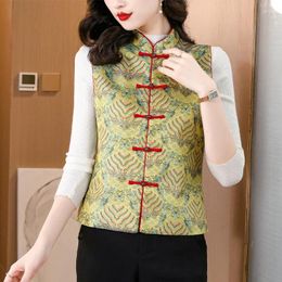 Women's Vests High-end Floral Printed Yellow Vest For Women 2024 Autumn Chinese Retro Buckle Tang Suit Slim Causal Top Waistcoat