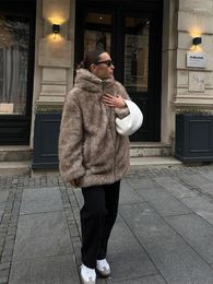 Women's Fur Fashion Furry Cropped Faux Coat For Women Hooded Straight Short Winter Jacket Tops 2024 Autumn High Street Warm Outerwear