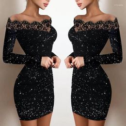 Casual Dresses Sexy Women Elegant Cocktail Black Off Shoulder Glitter Party Evening Chic Long Sleeve Package Hip Bodycon Dress Clothes