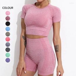 Active Sets Oulylan Women Seamless Workout Set 2 Piece High Waisted Yoga Outfits Short Sleeve Crop Top With Running Shorts Gym Activewear