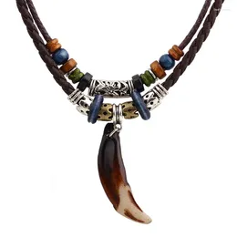 Pendant Necklaces Vintage Mens Jewellery Boho Wolf Tooth Necklace Woven Handmade Cross Beads Stylish Tribal Rope Jewellery