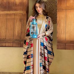 Ethnic Clothing Two Pieces Muslim Abaya Dress Set Colorful Geometric Stripes Print Moroccan Kaftan Dubai Turkey Arab Oman Qatar Robe