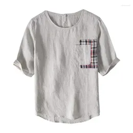 Men's T Shirts 2024 Casual Chinoiserie Linen Plaid Short Sleeve Fashion Simple T-shirt Youth