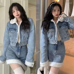 Work Dresses Autumn Winter Korean Edition Suit Lamb Wool Spliced Denim Coat Women's Short Sweet Cool Half Skirt Two Piece Set Trend