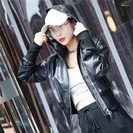 Women's Leather 2024 Real Jacket Women Korean Hooded Coat Black Genuine Sheepskin Jackets Short Outwears Jaq
