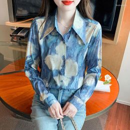 Women's Blouses Autumn Sunscreen Shirt Women French Romantic Rose Print Blouse Turn Down Collar Tops 2024 Long Sleeve Loose Clothes 29353