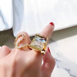 Fashion Luxury Colorful Shell Big Rings For Women Personality Geometric Square Statement Designer Ring Bijoux Top Quality Gifts2295