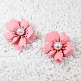 Stud Earrings Wholesale Imitation Pearl Pink Flower For Womenn Fashion Jewellery Cute Romantic Enamel Statement Earings Oorbellen