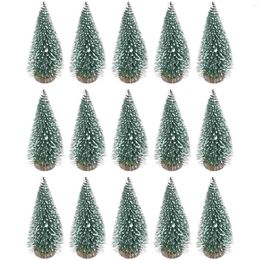 Christmas Decorations 15pcs Pine Tree DIY Xmas Bottle Brush Miniature 10cm Sisal Snow Artificial With Wooden Base Landscape Ornaments