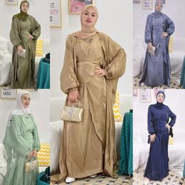 Ethnic Clothing 4 Pieces Matching Muslim Sets Eid Satin Abayas For Women Dubai Hijab Dress Open Abaya Kimono Islam Outfit Wrap Front Maxi