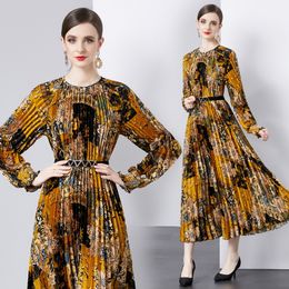 Casual Vacation Plus Size Pleated Dress Woman Designer Long Sleeve O-Neck Slim Elegant Print Fit Party Dressess 2024 Spring Fall Vacation Runway Sweet Chic Ballgown