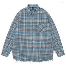 Men's Casual Shirts Spring Men Oversized Plaid Long Sleeve Hip Hop Distressed Button Up Blouse Harajuku Streetwear Cotton Shirt Clothe