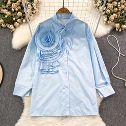Women's Blouses 2024 Spring And Autumn Korean Design Polo Neck Flower Long Sleeved Loose Single Breasted Solid Colour Shirt Casual Top