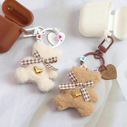 Keychains Cute Plush Bear Keychain Kawaii Plaid Animal Pendant With Key Holder For Girls Handbag Earphone Case Accessories