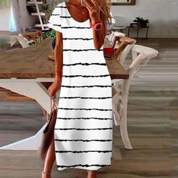 Casual Dresses Women Long Loose Stripe Print Dress Short Sleeve Round Neck Sexy Side Slit Travel For