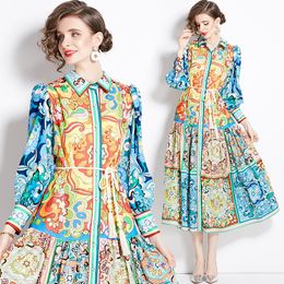 Vintage Elegant Print Fit Vacation Shirt Dress Puff Sleeve Woman Designer Party Lapel Button Slim Ruched A-Line Dressess 2024 Spring Fall Chic Runway Formal Ballgown