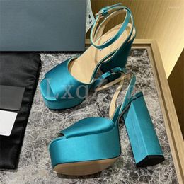 Sandals Super High Heel Runway Peep Toe Women Shoes Ankle Strap Metal Decor Platform Chunky Heels Summer Dress Party Pumps