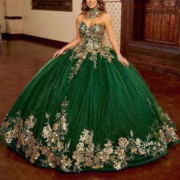 Green Shiny Sweetheart Ball Gown Beaded Quinceanera Dress Princess Corset Dresses Gold Appliques Lace Vestidos De 15 Anos