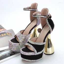 Sandals 2024 Style Handmade Rhinestones High-heeled Shoes Sexy Buckle Open Toe Thick Heels Platform Pumps Crystal Wedding