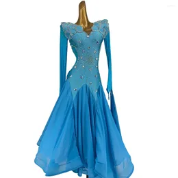 Stage Wear Ballroom Dress Customized Wave Color Laminated Water Diamond Mesh Large Hemline Tango Waltz Adult Professional Apparel