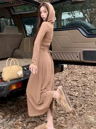 Casual Dresses Onalippa Back Lace Up Hooded Maxi Dress For Women Solid Colour Bottoming Long-sleeve Korean Fashion Vintage Vestidos