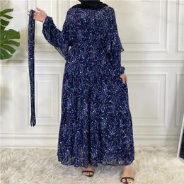 Ethnic Clothing Middle Eastern Muslim Long Sleeve Lined Chiffon Print Tie Dress Swing