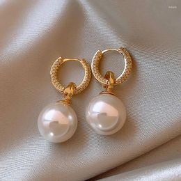 Hoop Earrings Sdzstone Big Round Pearl Ball Beaded With Full Paved CZ Huggie Fashion Women