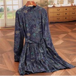 Casual Dresses Bohemian Floral Print Chiffon For Woman Spring Stand Collar Full Lantern Sleeve Lace-Up Party Robe Vestidos Q863