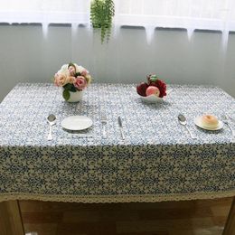 Table Skirt Retro Print Ethnic Blue And White Porcelain Classic Cotton Linen Rectangular Tablecloth Cup Mat Round Cloth