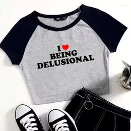 Women's T Shirts I Love Being Delusional Crop Tops Short Sleeves Vintage Aesthetic Tee E-Girls Y2k Grunge Baby 2000s Women T-Shirt Harajuku