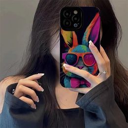 Leather Fashion Cool Colorful Rabbit Phone Case For iphone 15 14 13 12 11 Pro Max XS X XR 15 Plus Fashion Soft Black Back Cover 30pcs