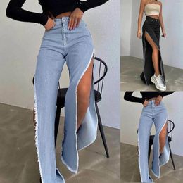 Women's Pants Jeans High Waist Straight Double Side Slit Women 2024 European And American Street Fashion Babes All-Match Trousers