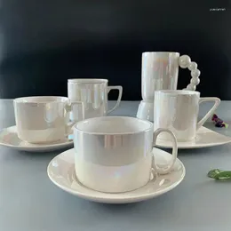 Cups Saucers Rotating Pearl Glaze Colorful Sparkling Classic Cup And Plate Ceramic Afternoon Tea Instagram Luxury Low Key Breakfast