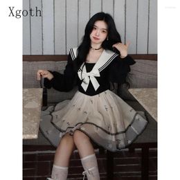 Casual Dresses Ladies Contrast Sailor Collar Bow Fragmented Flowers Waist Retraction Lantern Sleeves College Style Skirt Women Clothing