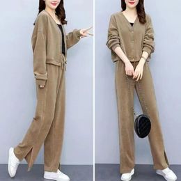 Running Sets Two-piece Suit Women's Winter Cardigan Pants Set With Single-breasted Coat Wide Leg Trousers V Neck Top For Fall Fashion
