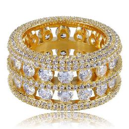 Mens 2 Row Channel Set Hollow 360 Eternity Band Gold CZ Bling Ring Full Simulated Diamonds Micro Pave Set Stones Hip Hop Rings310h