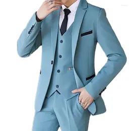 Men's Suits Formal Blue Slim Fit Single Breasted Notcehd Lapel Elegant 3 Piece Jacket Pants Vest Luxury Weddign Costume Homme