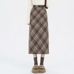 Skirts High Waist Vintage Plaid Long Wool Skirt For Women 2024 Winter Elegant Casual Retro Warm Straight Saias Longas