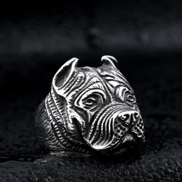 Men's Vintage Stainless Steel Ring Viking Pitbull Bulldog Gothic Pug Dog Head Totem Amulet Punk Animal Jewellery for Men Boys323U