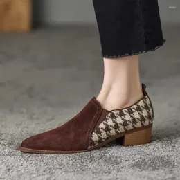 Dress Shoes Women's Oxford Plaid Patchwork Slip On Faux Suede Mid Heels Pumps Sewing Bare Boots Elegant Autumn Winter