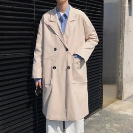 Men's Trench Coats Men Simple Chic British Loose Pure Colour High Street Fall Ly Trendy Outwear Leisure All-match Vintage Pocket Daily Ins