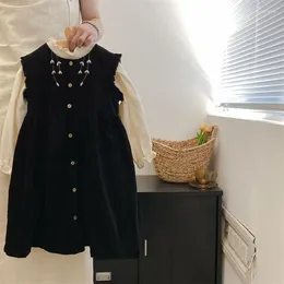 Girl Dresses 2024 Autumn Children Dress Set Kids Beige Shirt Black Vest Skirt Infants Pullover Top And Sleeveless Girls Outfit