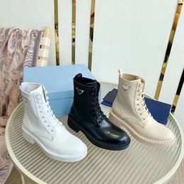 2024 Calf Leather trim patchwork canvas Ankle Boots lace-up vamp rounded Toe logo triangle Women's outdoor shoes luxury designer booties factory footwear