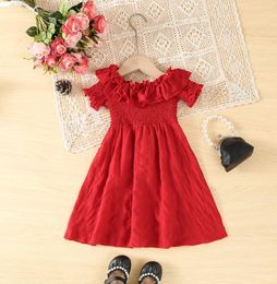 Girl Dresses 2-7 Years Children Girls Summer Elastic Waist Short Sleeve Sweet Red Dress