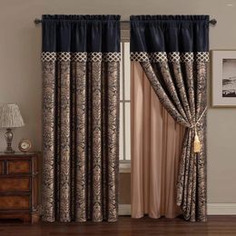 Curtain Lisbon 4-Piece Jacquard Floral Window Set Sheer Backing Tassels Valance Black/Gold