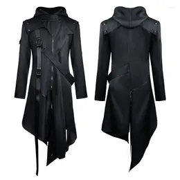 Men's Trench Coats Hooded Irregular Coat For Men Gothic Steampunk Overcoat Halloween Clothing Vintage COS Solid Zipper