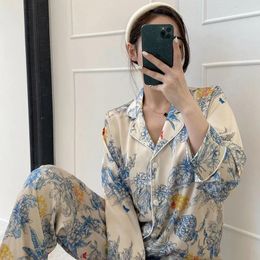Women's Sleepwear Light Luxury Spring And Autumn Silk Smooth Pajamas For Women Monet Flower High Grade Long Sleeve Cardigan Satin