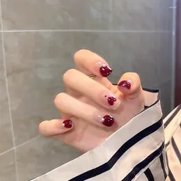False Nails 24pcs French Style Semicircle Fake Short Length Red Love Heart Pattern Press On With Glossy Diamond For Women Salon
