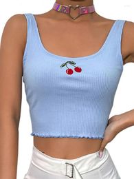 Women's Tanks Cotton Ribbed Cherry Embroidery Tank Top Sweet Fashion Cropped Sleeveless Summer Vest 2024 Crop Tops Clothing